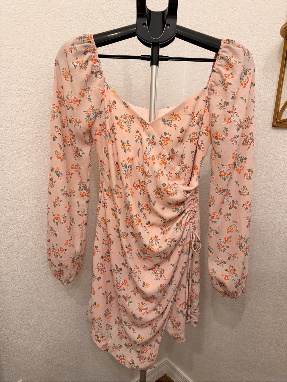 Altar'd State Pink Floral Ruched Long-Sleeve Mini Dress ~ Size Small